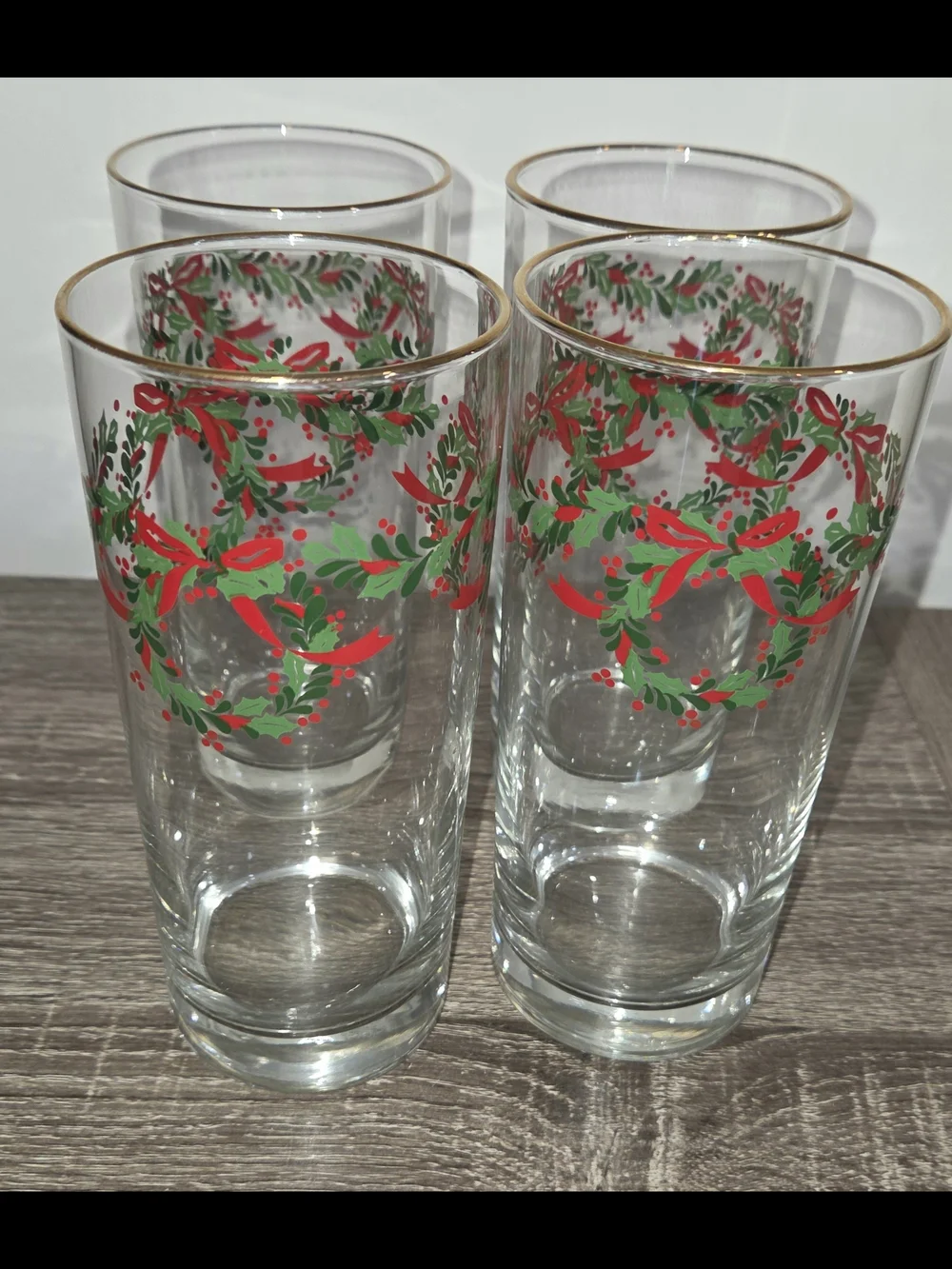 Set of 4 Vintage Libbey Irish Christmas Holly Wreath Ribbon Glasses Gold Trim SE